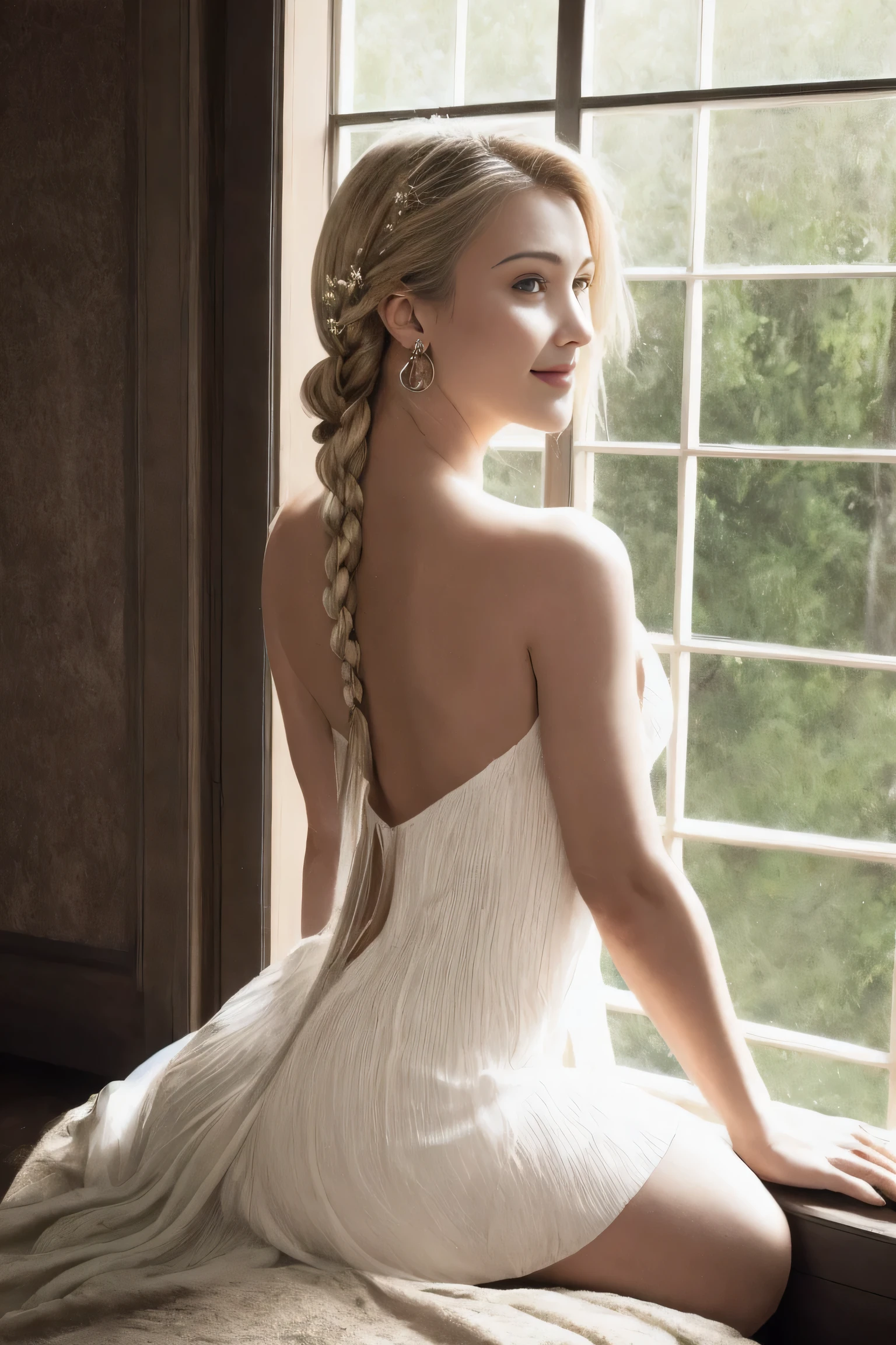 Generate hyper realistic image of a woman with absurdly long, blonde hair cascading down her bare shoulders, sitting indoors by a window. She wears a flowing dress with a low neckline, revealing cleavage. Her lips form a gentle smile as she gazes with green eyes, adorned with earrings and a delicate hair ornament. A single braid adorned with a flower falls down her back, while her bare feet peek out from under her dress.