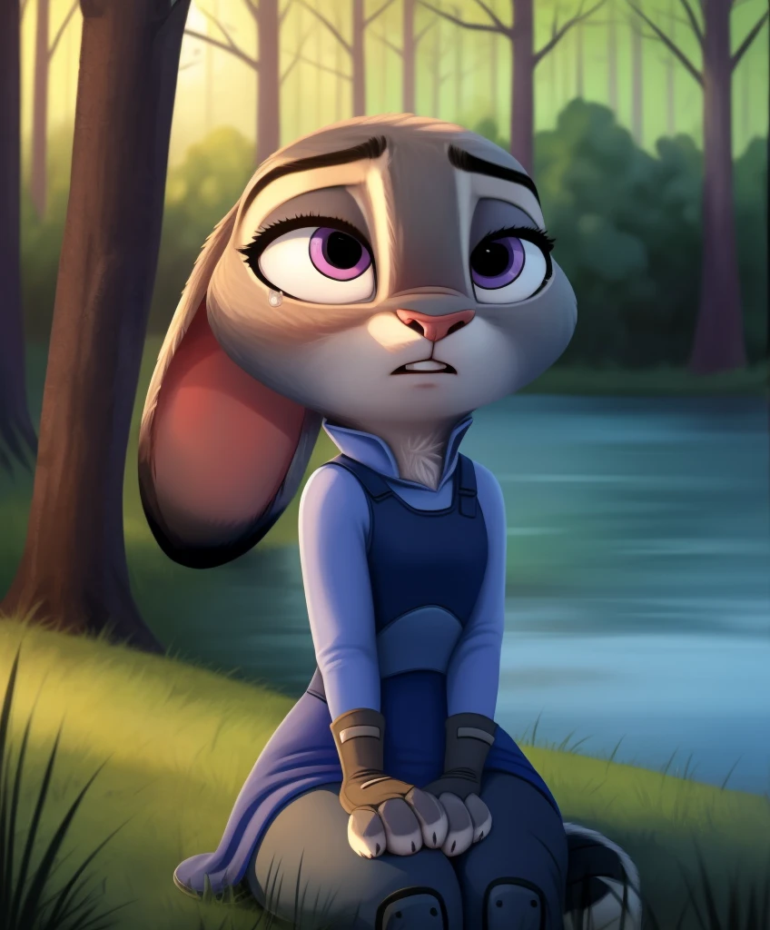 Judy Hopps se sentó en el bosque junto al lago por la noche y lloró, Ojos de cachorro, lágrimas, vestido de corazón rosa, guantes largos blancos