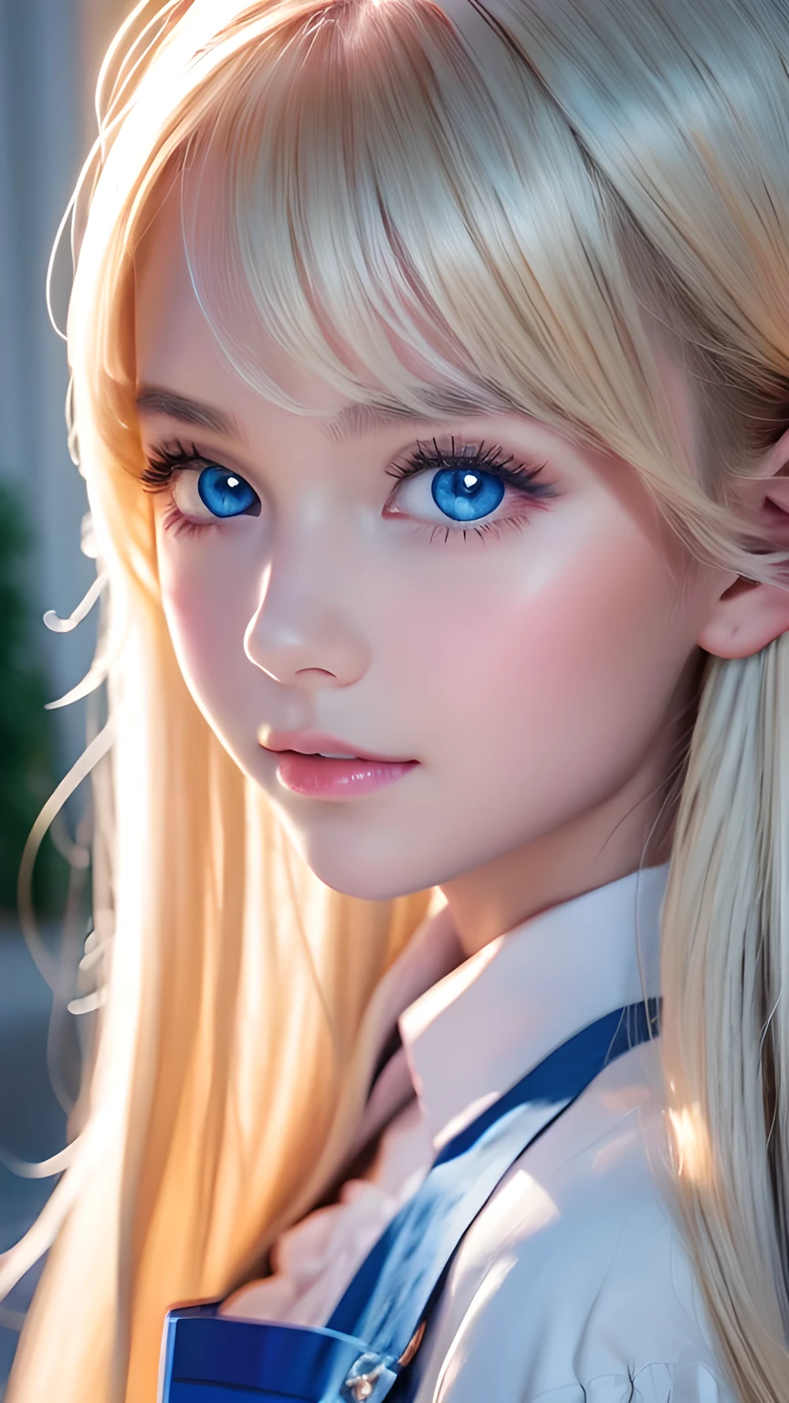 Photorealism、highest quality、超A high resolution、picture、Photo of a very beautiful girl of Scandinavian origin、An exceptionally beautiful girl、Cute and beautiful face details、(Purelos Face_v1:0.008)、Beautiful Bangs、Alice in Wonderland、16 years old、Radiant, fair, glowing skin、Hair on face、Bangs that reach the face、Bangs between the eyes、Super long super long hair、Glamorous bright natural platinum blonde super long straight silky hair、Thin Hair、Very large, bright blue eyes that shine beautifully、White apron、Blue Dress、eyeliner、double eyelid、Ample Bust、White, shiny skin、Small Face Beauty、Round face、