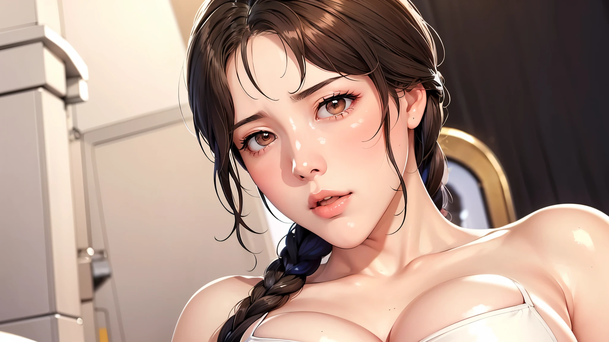 （（（完美figure，figure，solo， White and tender skin，（（（Cyberpunk，chinese clothes, china dress, covered navel, bridal gauntlets, bare shoulders, pantyhose,））），（（（brown eyes, braid, long hair, braided ponytail, single braid,  hair over shoulder, bangs, blush, lips））），((masterpiece)),high resolution, ((Best quality at best))，masterpiece，quality，Best quality，（（（ Exquisite facial features，Looking at the audience,There is light in the eyes，(（（Open your mouth，Separate your lips，ahegao，Sticking out tongue））），型figure:1.7））），（（（Light and shadow，Huge breasts））），（（（Looking at the camera，black background，Close-up of face)）））