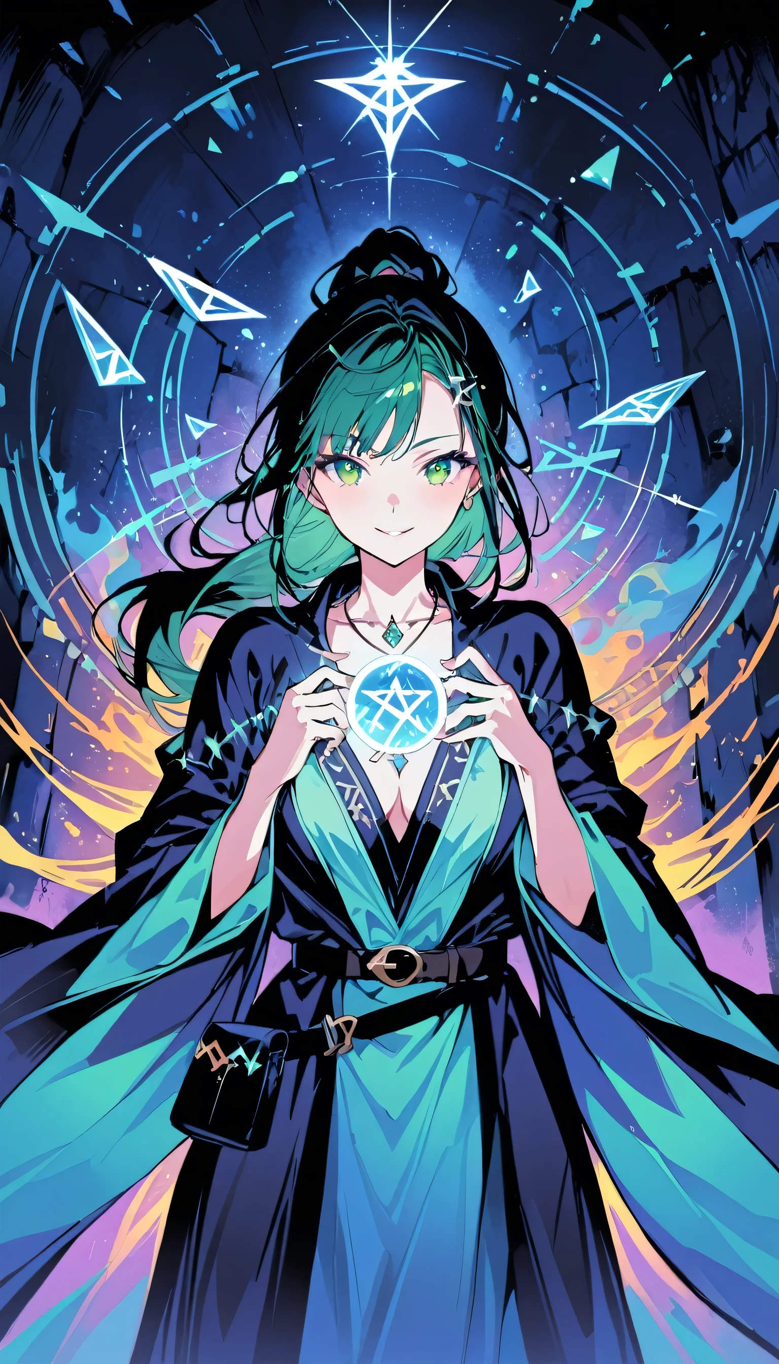 Colorful portrait illustration, (attractive female as a Wizard, ponytail, wear_length_Flowing_green_Complicated_Embroidered_Wizard_Robe), (necklace, Pouch, belt, smile, Very detailed face, masterpiece, highest quality), Very detailed, (In the dungeons), magician_Grams, (A large, glowing circle of runes), Fire and Ice, Casting a Spell, Ultra-high resolution, Alexandre Karame、Alyssa Monks、Shigeru Ban