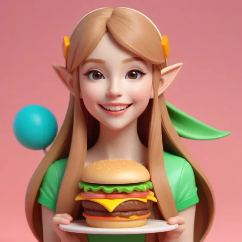 Beautiful 3D long hair，Suitable for cute young girls,Bright colors,Elf ears,Happy expression,Ready to eat a cheeseburger,(Hambur...