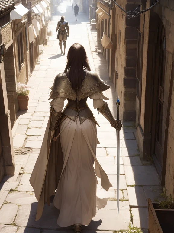 The heroine walks away, fluttering her damaged cloak., Swordsman Style, Light Armor, Slender figure, Medium size chest, Cleavage, Wear earth-toned clothing, Old townscape of medieval Europe, dust flying, Top angle shot, From above, The people praising the hero&#39;s triumphant return