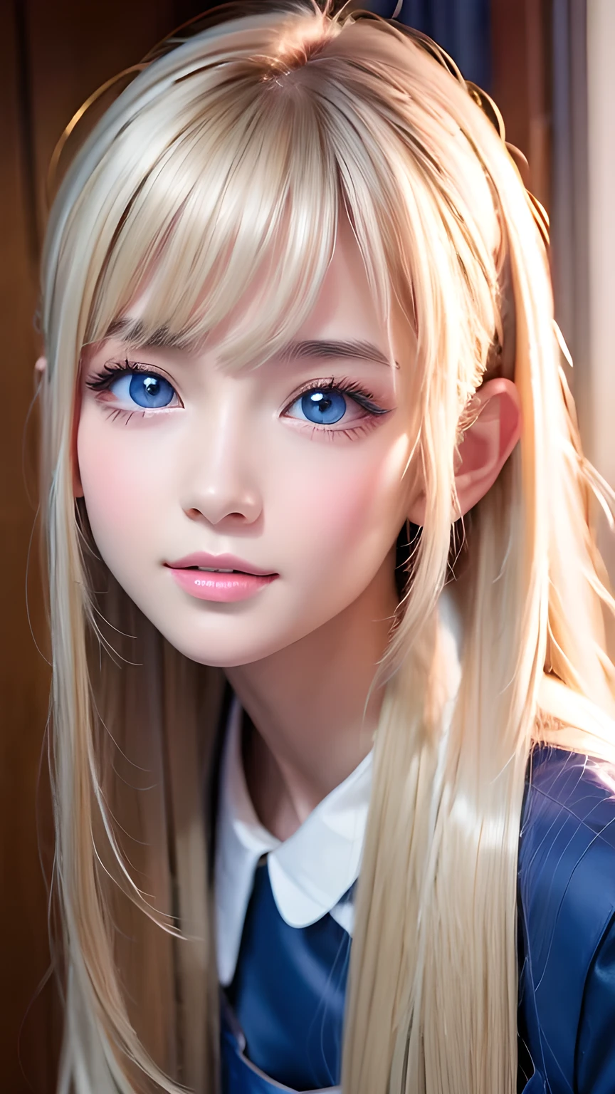 Photorealism、highest quality、超A high resolution、photograph、Photograph of a very beautiful girl from Scandinavia、Very beautiful girl、Cute and beautiful face details、(PurerosFace_v1:0.008)、Beautiful Bangs、Alice in Wonderland、16 years old、Shine, fair, Shine Skin、Facial hair、Bangs on the face、Bangs between the eyes、Super long super long hair、Attractive bright natural platinum blonde super long straight silky hair、Thin Hair、Very large, Beautifully Shine Bright Blue Eyes、white apron、Blue clothes、eyeliner、double eyelid、Ample Bust、white, Shiny skin、Small Face Beauty、Round face、