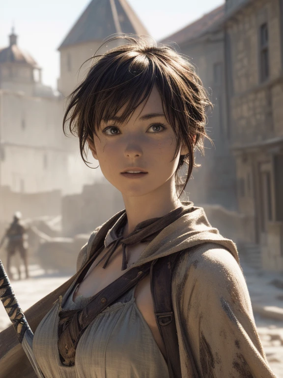 a woman warrior striding away with a tattered cloak, sword fighter attire, slender body, medium bust size, plunging neckline, earth-toned clothing, medieval European old town setting, dusty atmosphere, top-down camera angle, celebrating the triumphant return of a hero, (best quality,4k,8k,highres,masterpiece:1.2),ultra-detailed,(realistic,photorealistic,photo-realistic:1.37),digital painting, highly detailed, cinematic lighting, warm color tones, dramatic scene