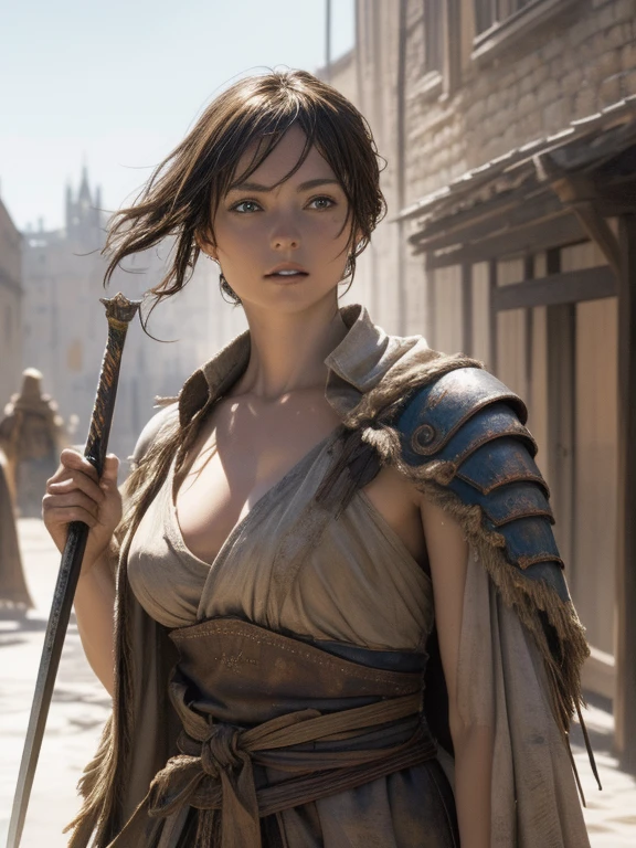 a woman warrior striding away with a tattered cloak, sword fighter attire, slender body, medium bust size, plunging neckline, earth-toned clothing, medieval European old town setting, dusty atmosphere, top-down camera angle, celebrating the triumphant return of a hero, (best quality,4k,8k,highres,masterpiece:1.2),ultra-detailed,(realistic,photorealistic,photo-realistic:1.37),digital painting, highly detailed, cinematic lighting, warm color tones, dramatic scene