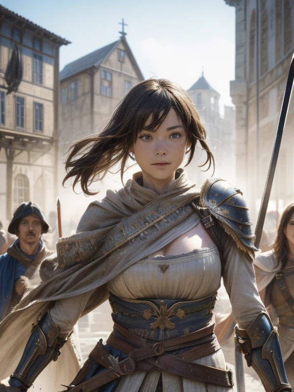 woman warrior striding away with a tattered cloak, long flowing hair, swordsman attire, light armor, slender build, medium bust, cleavage, earth-toned clothing, medieval European town, swirling dust, high angle shot, triumphant crowd, best quality, 4k, 8k, highres, masterpiece:1.2, ultra-detailed, realistic, photorealistic, photo-realistic:1.37, HDR, UHD, studio lighting, ultra-fine painting, sharp focus, physically-based rendering, extreme detail description, professional, vivid colors, bokeh, fantasy, concept art
