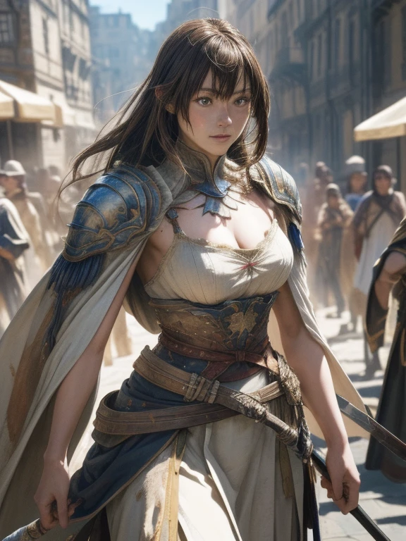woman warrior striding away with a tattered cloak, long flowing hair, swordsman attire, light armor, slender build, medium bust, cleavage, earth-toned clothing, medieval European town, swirling dust, high angle shot, triumphant crowd, best quality, 4k, 8k, highres, masterpiece:1.2, ultra-detailed, realistic, photorealistic, photo-realistic:1.37, HDR, UHD, studio lighting, ultra-fine painting, sharp focus, physically-based rendering, extreme detail description, professional, vivid colors, bokeh, fantasy, concept art
