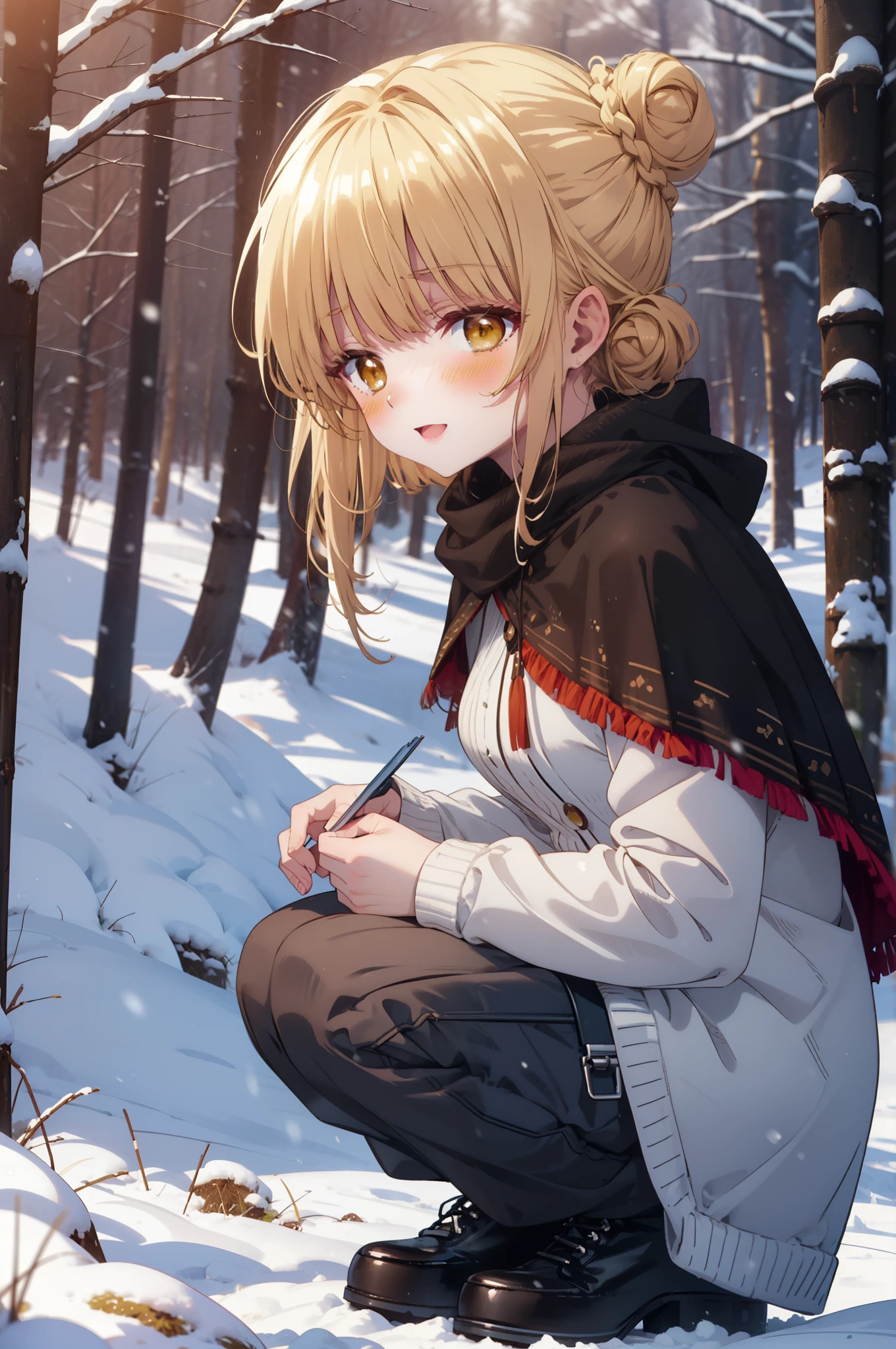 This is Mahirshina, Mahiru shiina, blonde, (Brown eyes:1.7), Long Hair, happy smile, smile, Open your mouth,Hair Bun, single Hair Bun,blush,White Breath,
Open your mouth,snow,Ground bonfire, Outdoor, boots, snowing, From the side, wood, suitcase, Cape, Blurred, Increase your meals, forest, White handbag, nature,  Squat, Mouth closed, フードed Cape, winter, Written boundary depth, Black shoes, red Cape break looking at viewer, Upper Body, whole body, break Outdoor, forest, nature, break (masterpiece:1.2), highest quality, High resolution, unity 8k wallpaper, (shape:0.8), (Beautiful and beautiful eyes:1.6), Highly detailed face, Perfect lighting, Highly detailed CG, (Perfect hands, Perfect Anatomy),