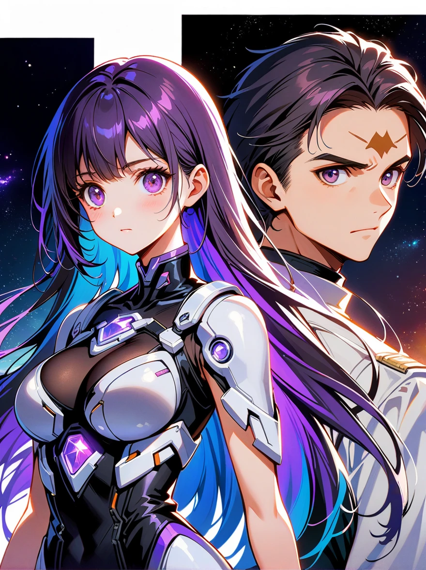 1yj1，1boy，(Boy and girl back to back)，1girl, (Purple and White Ombre Long Ponytail), (There is a tuft of dark purple hair on the forehead, Colorful hair), (Deep purple eyes)，White mecha suitBREAK Black mecha dress, The figure is located in the center，yinji，Magnificent space image scenes，Shine under the stars，White Space，Anatomically correct，Simple and elegant，Smooth line strokes，Bright colors，Ultra high saturation，Minimalism, anime, Ghibli-like colours, projected inset，Medium shot，Waist Shot(WS)