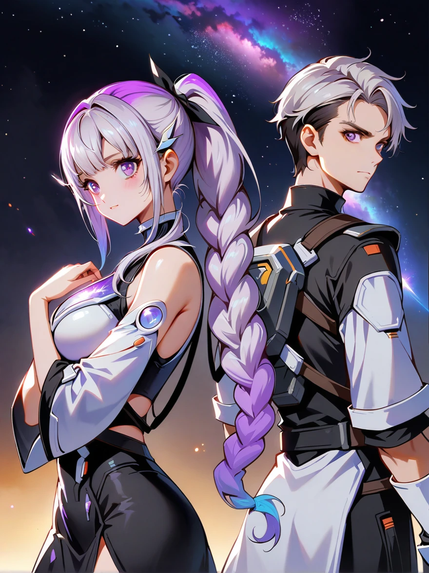 1yj1，1boy，(Boy and girl back to back)，1girl, (Purple and White Ombre Long Ponytail), (There is a tuft of dark purple hair on the forehead, Colorful hair), (Deep purple eyes)，White mecha suitBREAK Black mecha dress, The figure is located in the center，yinji，Magnificent space image scenes，Shine under the stars，Anatomically correct，Simple and elegant，Smooth line strokes，Bright colors，Ultra high saturation，Minimalism, anime, Ghibli-like colours, projected inset，Medium shot，Waist Shot(WS)