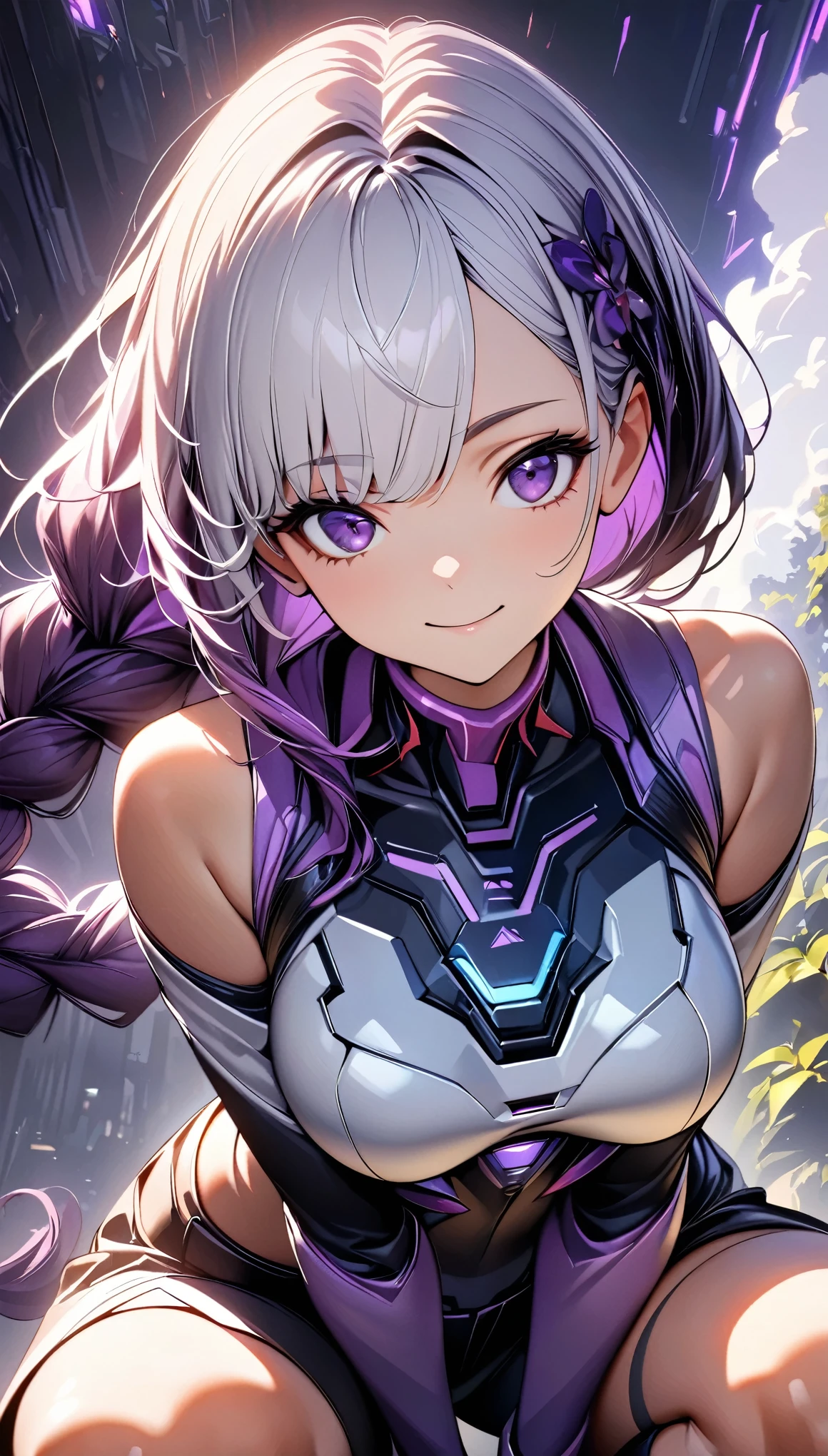 (highest quality:1.2, Very detailed, High Detail, High Contrast, masterpiece:1.2, highest quality, Best aesthetics), 1 Female, Cyber Suit, Separated sleeves, Bare shoulders, ((White Hair:1.4, Purple bicolor hair, Braided long hair, White and purple hair accessories:1.2, Dark purple bangs:1.1, Asymmetrical bangs)), Purple Eyes, Double eyelids, Detailed face, Loose braid, smile:1.2, Indifference, kind, Front view, Cowboy Shot, (((Crouching, V sign:1.2))), A park filled with greenery, squirt:1.2, White cloud, Wide-angle lens.