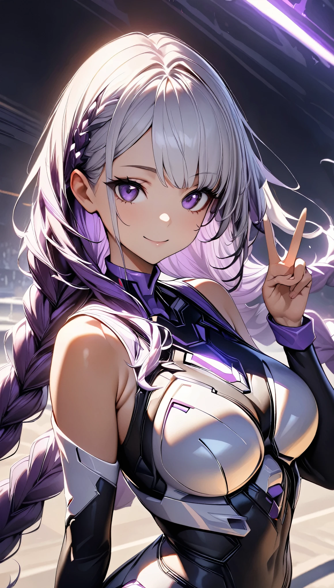 (highest quality:1.2, Very detailed, High Detail, High Contrast, masterpiece:1.2, highest quality, Best aesthetics), 1 Female, Cyber Suit, Separated sleeves, Bare shoulders, ((White Hair:1.4, Purple bicolor hair, Braided long hair, White and purple hair accessories:1.2, Dark purple bangs:1.1, Asymmetrical bangs)), Purple Eyes, Double eyelids, Detailed face, Loose braid, smile:1.2, Indifference, kind, Front view, turn around, 肩ごしのsmile, (((Backwards, V sign:1.2))), A park filled with greenery, squirt:1.2, White cloud, Wide-angle lens.