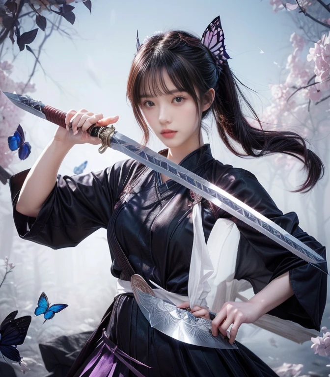 Girl with sword and butterfly in hair, demon slayer rui Fan art, she is holding a knife sword, Hinata Hyuga, Demon Slayer Art Style, marin kitagawa Fan art, knife, detailed Fan art, Fan art, highly detailed exquisite Fan art, Amazing 8k, official Fan art, Beautiful and detailed art, Official Art