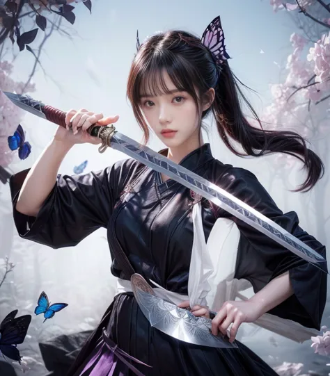 girl with sword and butterfly in hair, demon slayer rui fan art, she is holding a knife sword, hinata hyuga, demon slayer art st...