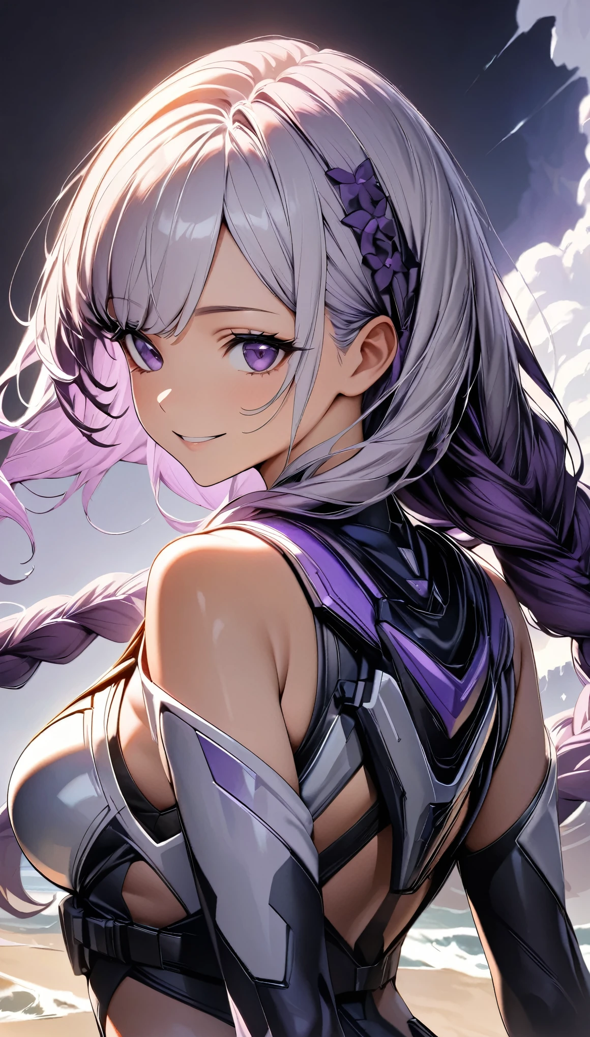 (highest quality:1.2, Very detailed, High Detail, High Contrast, masterpiece:1.2, highest quality, Best aesthetics), 1 Female, Cyber Suit, Separated sleeves, Bare shoulders, ((White Hair:1.4, Purple bicolor hair, Braided long hair, White and purple hair accessories:1.2, Dark purple bangs:1.1, Asymmetrical bangs)), Purple Eyes, Double eyelids, Detailed face, Loose braid, smile:1.2, Indifference, kind, Rear view, turn around, 肩ごしのsmile, (((Backwards, wave hands:1.2))), A park filled with greenery, squirt:1.2, White cloud, Wide-angle lens.