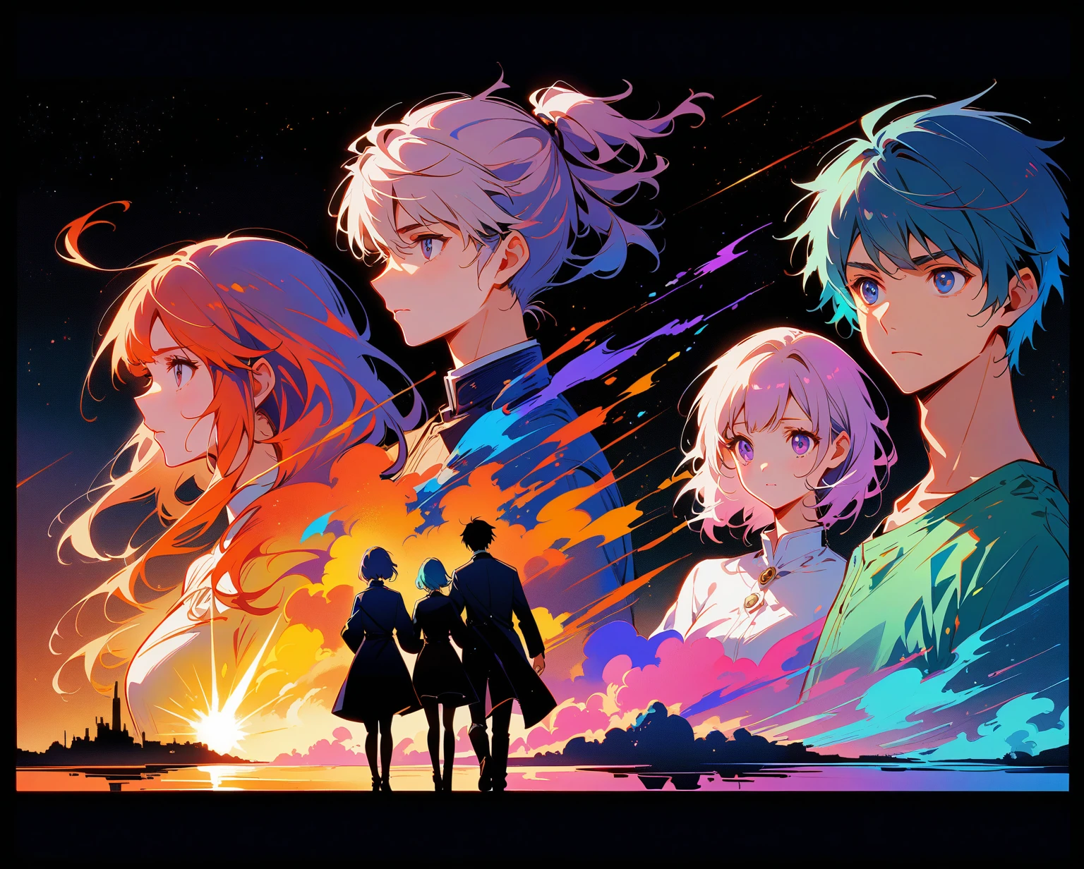 (Boys and girls separation，Reluctantly，respectively，The boy is on the left，Girl on the right)，1boy，1girl，Magnificent space image scenes，Shine under the stars，Anatomically correct，Simple and elegant，Smooth line strokes，Bright colors，Ultra high saturation，Minimalism, anime, Ghibli-like colours, projected inset，Medium shot，Waist Shot(WS)，1yj1，yinji