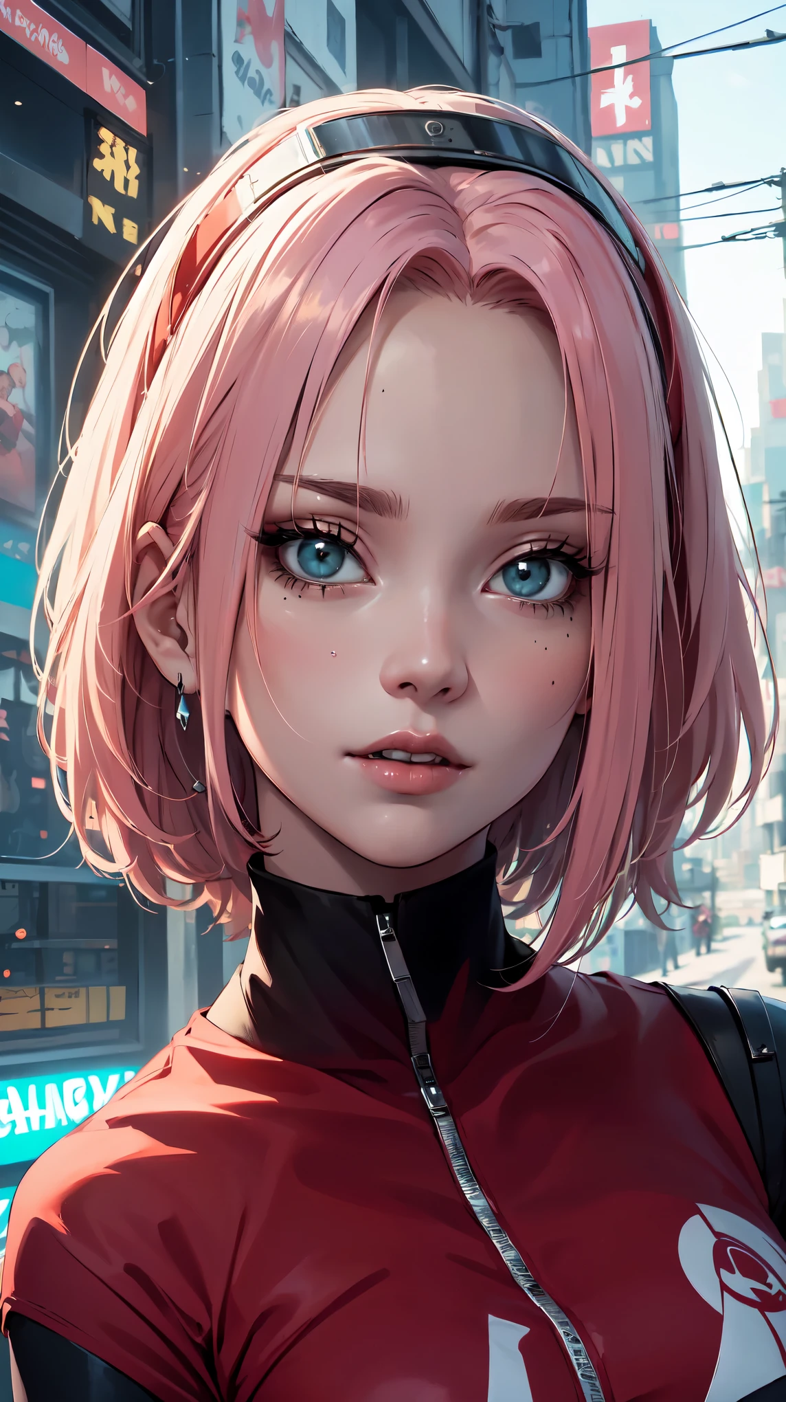 wearing cyberpunk outfit,(best quality)), ((Masterpiece)), (Detailed), Perfect Face((best quality))), ((Masterpiece)), (Detailed), Perfect Face(best quality )), ( (Masterpiece)) ( Detailed), Perfect Face (best quality), ((Masterpiece)), (Detailed), Perfect Face, stunningly realistic, photorealistic, photorealism, 1 sakura Haruno