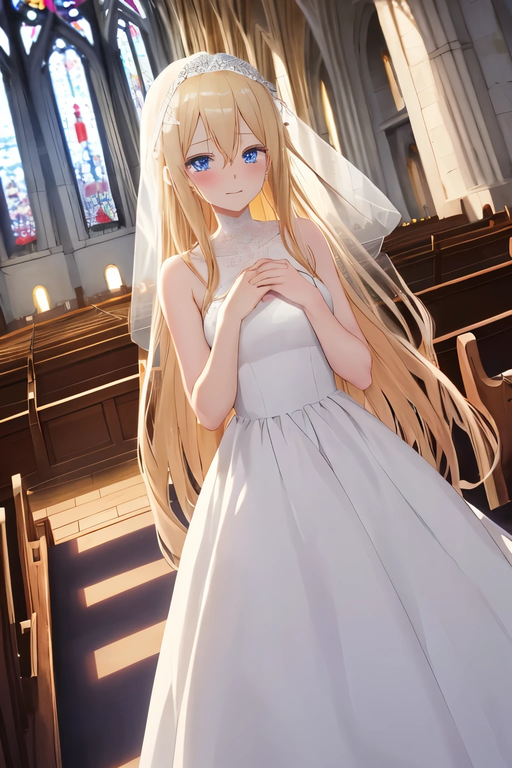 Anime girl with long blonde hair, dark blue eyes, white wedding dress, happy to see viewer, tears in eyes, beautiful church setting