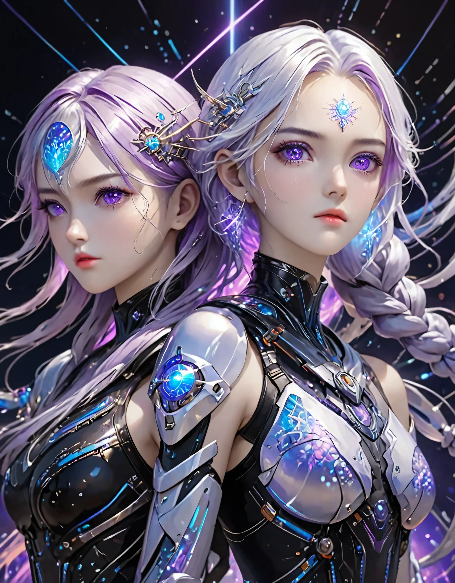 Two cyborg girls standing standing side by side looking at the viewer, yinji, purple hair, purple eyes, long hair, white hair, double braids, gradient hair, highly detailed, intricate machinery, glossy metal skin, glowing blue lights, complex circuitry, futuristic technology, edge light, dramatic lighting, beautiful starry background, octane rendering, cool, personality, brave, realistic 3D render, cinematic composition, award winning digital art, best quality, masterpiece, illustrations, very exquisite and beautiful, very detailed, CG, unity, wallpaper, stunning, exquisite details