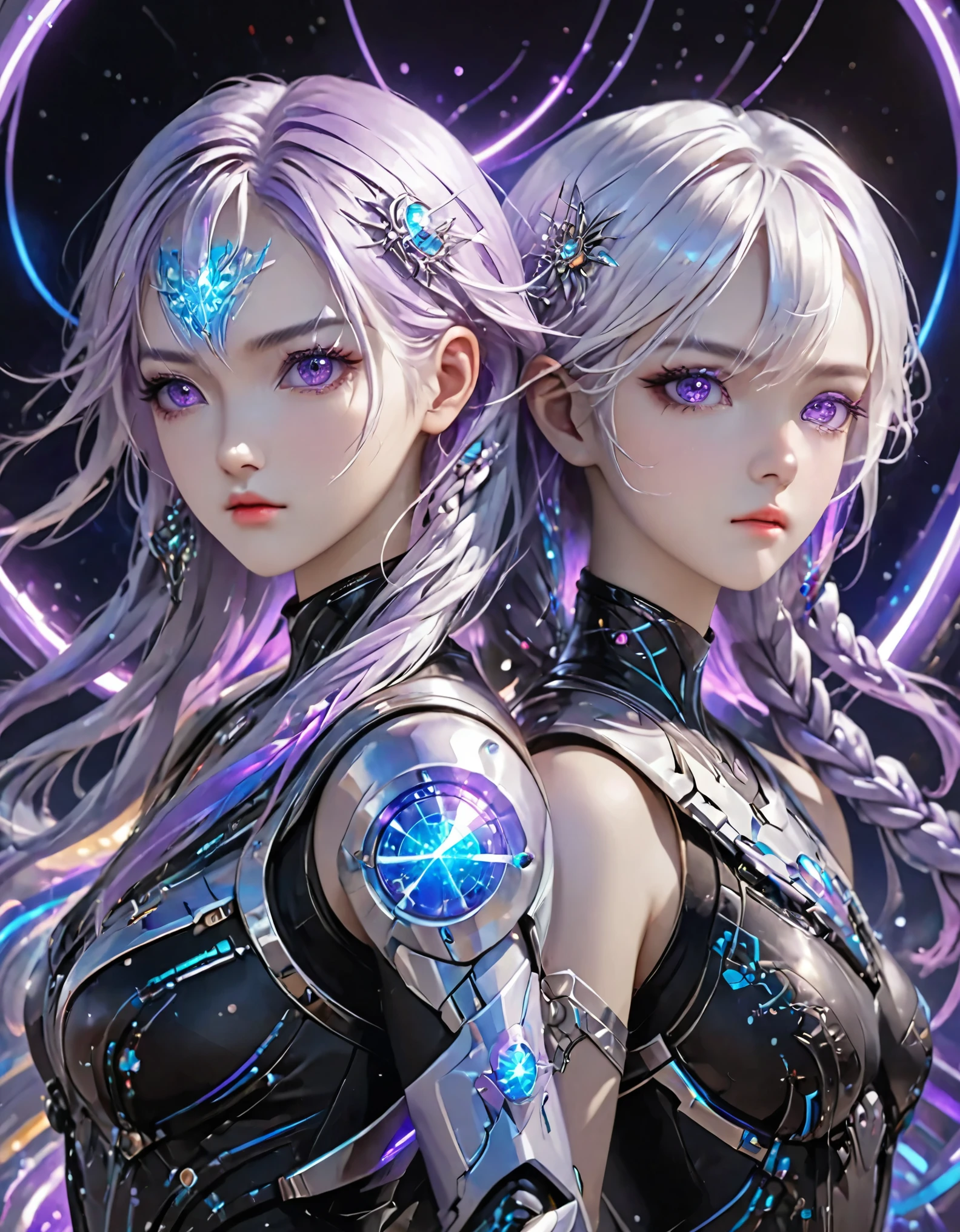 Two cyborg girls standing standing side by side looking at the viewer, yinji, purple hair, purple eyes, long hair, white hair, double braids, gradient hair, highly detailed, intricate machinery, glossy metal skin, glowing blue lights, complex circuitry, futuristic technology, edge light, dramatic lighting, beautiful starry background, octane rendering, cool, personality, brave, realistic 3D render, cinematic composition, award winning digital art, best quality, masterpiece, illustrations, very exquisite and beautiful, very detailed, CG, unity, wallpaper, stunning, exquisite details