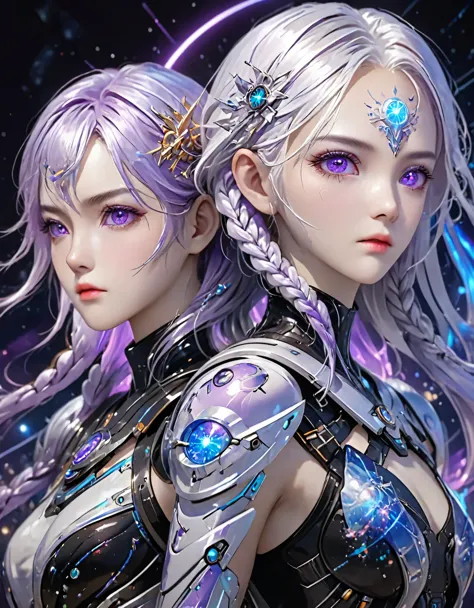 Two cyborg girls standing standing side by side looking at the viewer, yinji, purple hair, purple eyes, long hair, white hair, d...