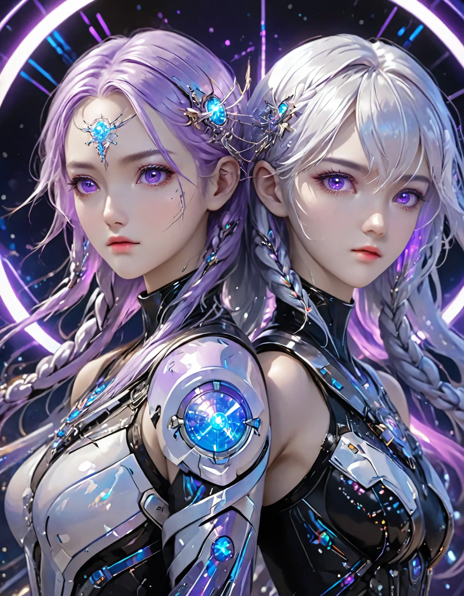 Dos chicas cyborg paradas una al lado de la otra mirando al espectador, yinji, cabello purpura, ojos morados, pelo largo, pelo blanco, trenzas dobles, cabello degradado, muy detallado, maquinaria intrincada, piel de metal brillante, Luces azules brillantes, Circuitos complejos, tecnología futurista, luz de borde, iluminación dramática, hermoso fondo estrellado, renderizado de octanaje, Frío, personalidad, corajudo, renderizado 3D realista, composición cinematográfica, Arte digital galardonado, mejor calidad, obra maestra, ilustraciones, Muy exquisito y hermoso., Muy detallado, CG, unidad, fondo de pantalla, impresionante, detalles exquisitos