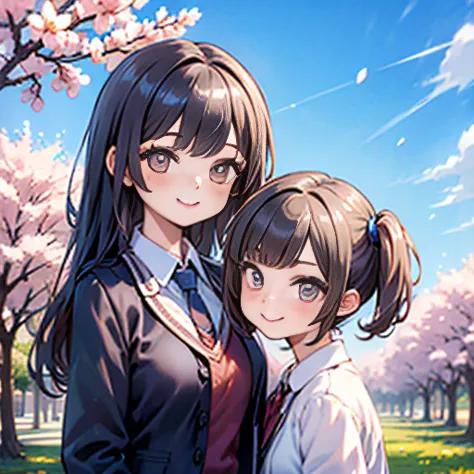 cherry blossoms,character,girl,cute,smile,blue sky,((2 heads)),Genuine,one person