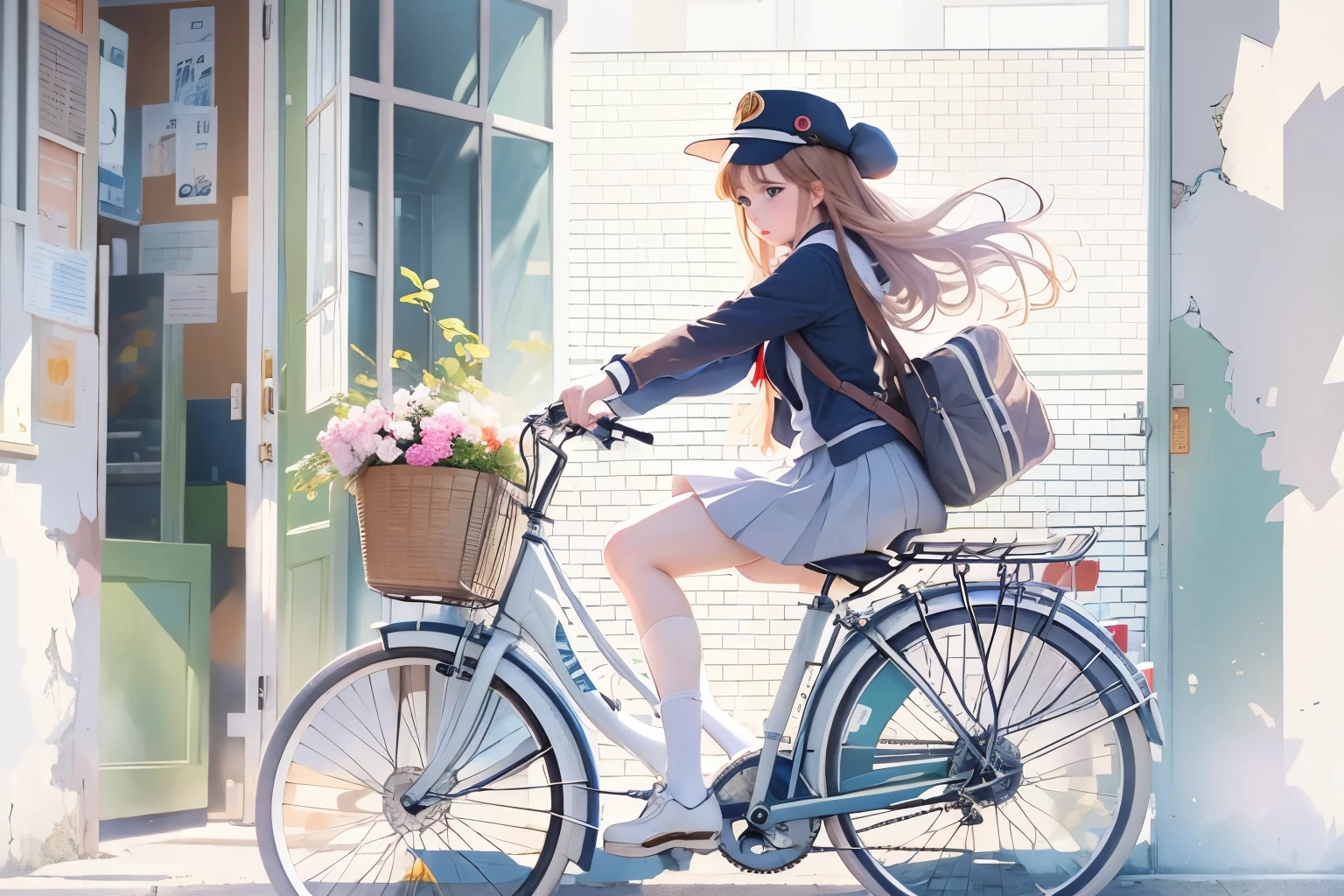 (masterpiece, highest quality:1.2), 4K Anime Art、Reality、(One girl riding a bicycle), alone、high school girl、uniform、(no bags)、(whole)、(From diagonally ahead)、(Blank background)、(White background)、(Sargent&#39;s watercolor style)