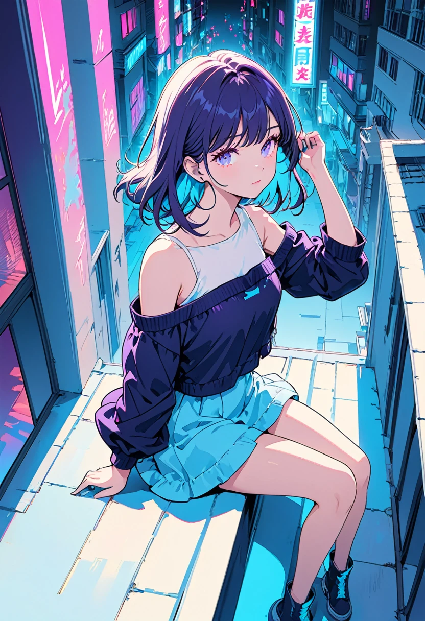 masterpiece,highest quality,1 Synthwave style girl,Blue outline,Neon lit street,Blue fluorescent paint,alone,From above,Cowboy Shot,Sitting on the roof of a building,Highly detailed CG,Flat Color,Limited edition palette,No Line Art,silhouette,Partially colored,Alternative color,Dynamic Angle,Blue long top champagne,Deep purple shadow,Synthwave,chromatic aberration,(alone focus),Perfect Shadow,Wearing an off-the-shoulder floating jacket,Delicate face,Bare shoulders,Beautiful and delicate eyes,Delicate background,Blue Neon Light,