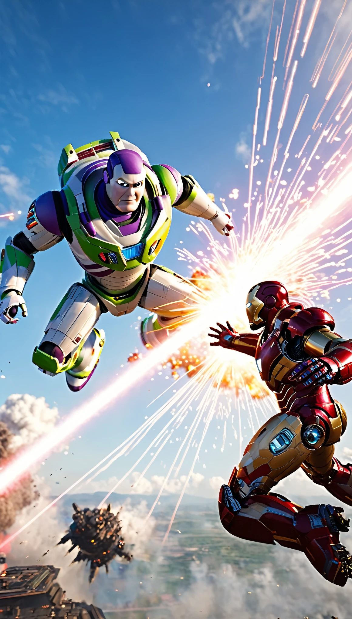 a dynamic battle scene featuring buzz lightyear and iron man, flying high in the sky with laser beams and explosions, highly detailed, cinematic composition, epic sci-fi action, dramatic lighting, vibrant colors, 8k, photorealistic, unreal engine, concept art style