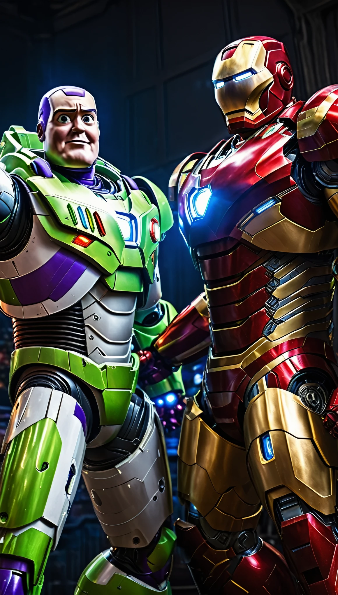 a dynamic battle scene featuring buzz lightyear and iron man, flying high in the sky with laser beams and explosions, highly detailed, cinematic composition, epic sci-fi action, dramatic lighting, vibrant colors, 8k, photorealistic, unreal engine, concept art style