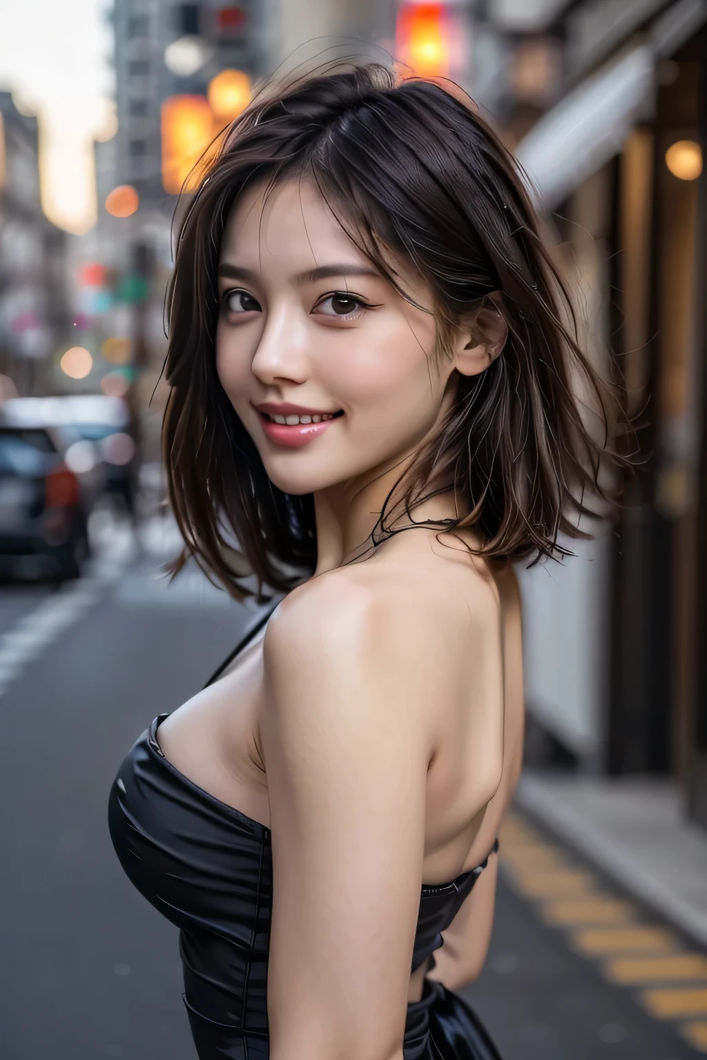 (8k, RAW Photos, highest quality, masterpiece, Realistic, Realistic), (1 female), (Ultimate beauty), Highly detailed face, (Perfect Teeth), Beautiful Eyes, double eyelid, eyelash, smile, Lip details, (Neat brunette bob), The light shines on your face, Big Breasts, ((Colorful mini dresses)), (front view), (background: none),  Background blur