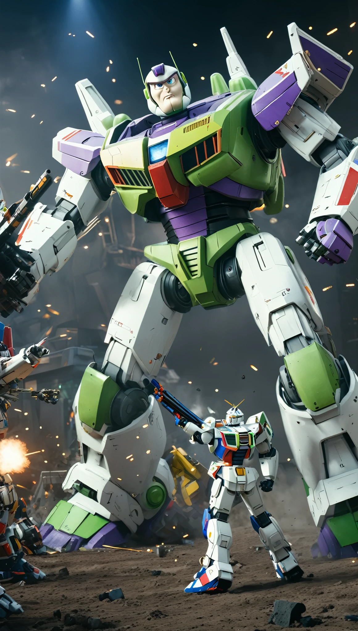 a giant robot battle between Buzz Lightyear and a Gundam mech, highly detailed, cinematic composition, dramatic lighting, epic scale, intricate mechanical details, dynamic poses, intense battle, explosive action, photorealistic, 8k, highly detailed, hyperrealistic, award-winning CGI, seamless integration, masterpiece, outstanding quality