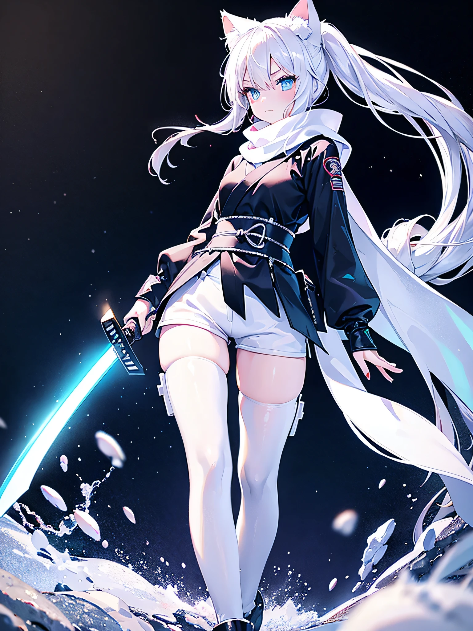 a beautiful girl with sparkling eyes,  long white hair, white cat ears, blue eyes, wearing a scarf and hot pants, in a post-apocalyptic world, futuristic neon environment, holding a katana and ninja sword, samurai warrior