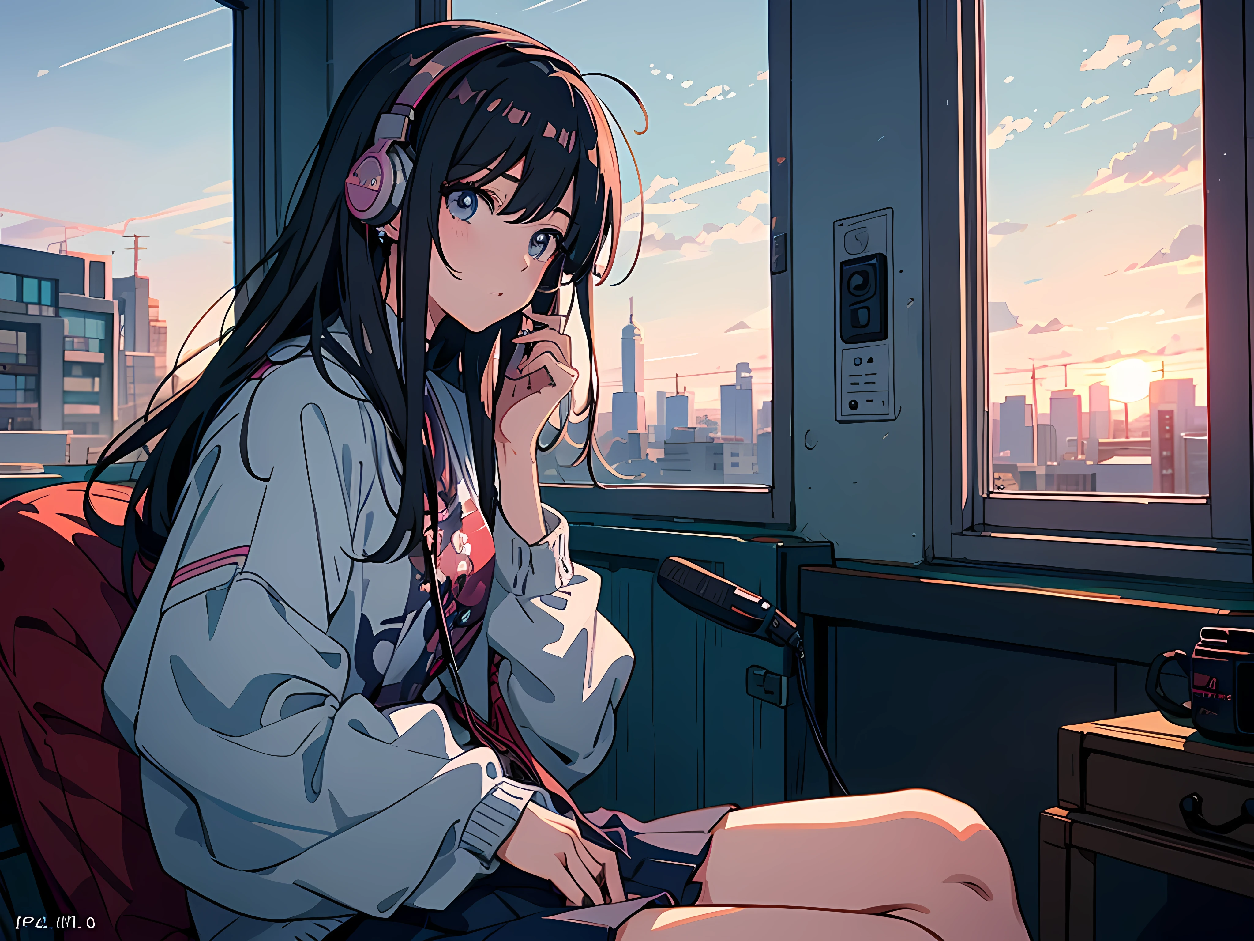 garota de anime sentada no chão olhando pela janela para a cidade, estética de anime, vibrações de anime, Estilo Lofistyle, Retrato lo-fi perto da janela, Assistindo o pôr do sol. fones de ouvido,anime, Garota elevada, papel de parede de arte de anime 4k, Papel de parede de arte anime 4k, papel de parede de arte de anime 8k, arte de fundo de anime, Cor Lofi, Estilo Lofi, estética de anime