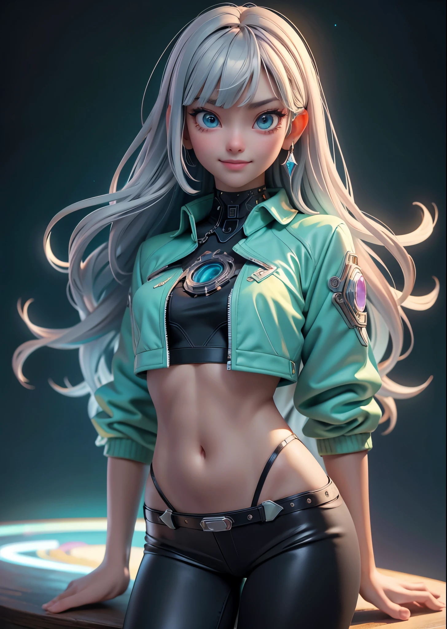 (masterpiece, highest quality, highest quality, Official Art, beautifully、aesthetic:1.2),Cowboy Shot、 (Cyberpunk fashion girl 1)、Smiling Girl、Big light blue eyes、Beautiful belly、（Long silver hair with bangs）、Green neon color、Very detailed,(Fractal Art:1.3)、A background of many sparkling stars、Perfect lighting、Sharp focus、High resolution、High resolution、High color rendering、High resolution、Super realistic、