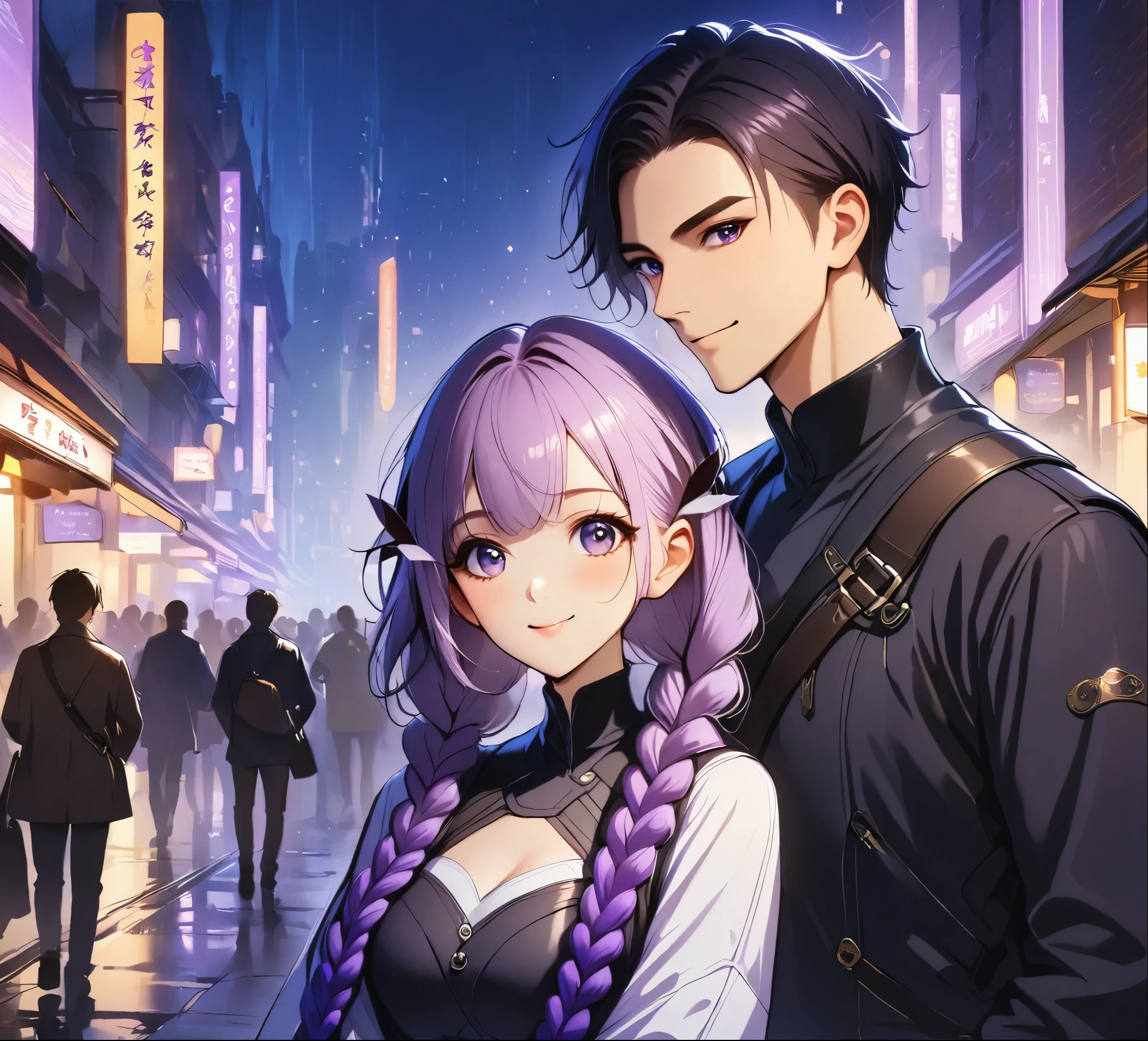 1 boy,Girl with purple and white gradient double braids,romantic couple,Smiling Face,as thick as thieves,Background blur,high quality,Artistic sense,cinematic atmosphere,Luxury lighting