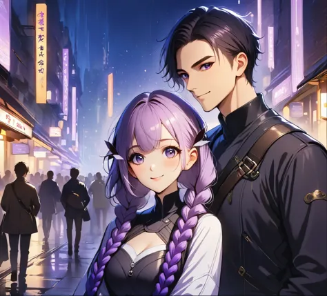 1 boy,Girl with purple and white gradient double braids,romantic couple,Smiling Face,as thick as thieves,Background blur,high qu...