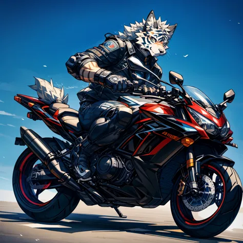 masterpiece,High quality,furry,one man,(wolf&tiger),riding a motorcycle,cyber punk,perfect background,beautiful eye