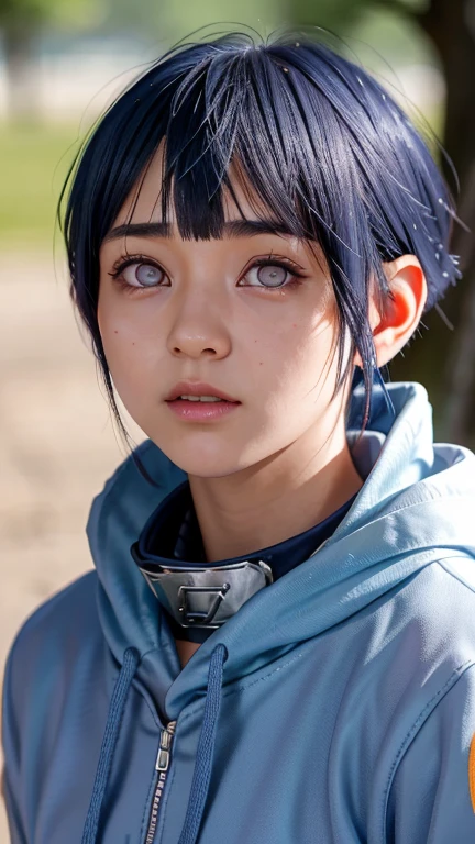 1fille, Hinata_Hyuga, portrait, cheveux courts, cheveux bleus, frange émoussée, serrures latérales, Yeux blancs, pas d&#39;élèves, sweatshirt à capuche, Protecteur de front, veste, montagne