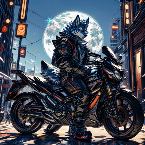 masterpiece,high quality,furry,one man,(wolf&tiger),blue fur,riding a motorcycle,cyber punk,perfect background,beautiful eye,cit...