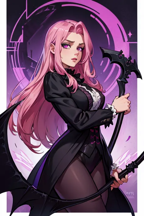 A  handsome pink haired man with violet eyes with long hair in a black Gothic Victorian suit is spinning a scythe in the underwo...