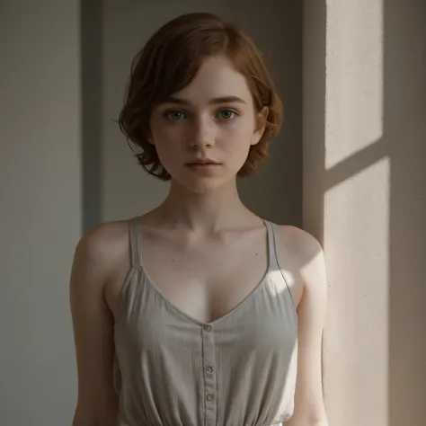 Sophia Lillis, thick body, short wavy hair, extra pale skin, freckles, dramatic lighting with shadows, loose grey dress