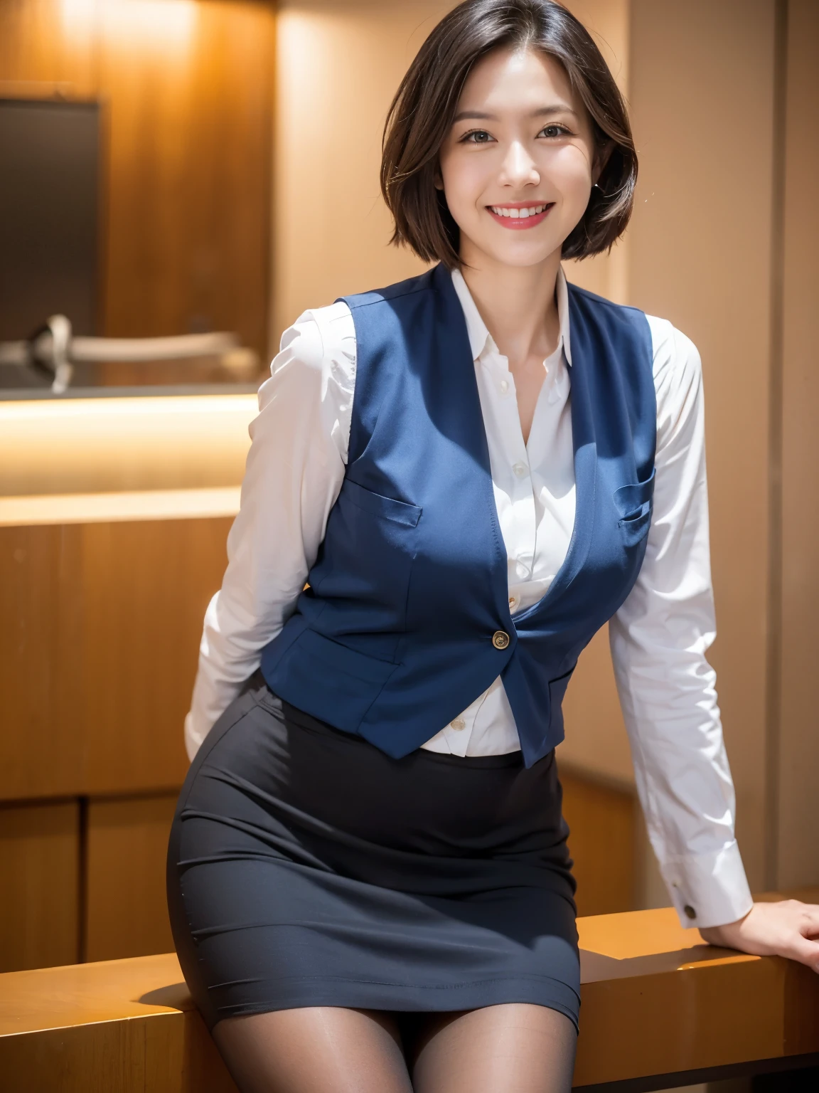 Japanese women、3,  (RAW Photos:1.2), (Realistic),(Genuine: 1.4), highest quality, Very detailed, finely, High resolution, 8k, perfection、Beautiful and exquisite,（Female office worker in uniform:1.5）、（White blouse:1.5）、 (Dark blue vest:1.5),  (Ultra-realistic pantyhose:1.2), （Knee-length skirt）、Bob Hair, Red lipstick, A neat image, (Elegant smile:1.2)、Receptionist、cute、Camera-facing shot, Realistic skin texture、Shiny skin、（Headquarters of a large company、Standing in front of the reception counter:1.5）、（Short black hair:1.5）、（Standard body shape）、（D cup breasts）