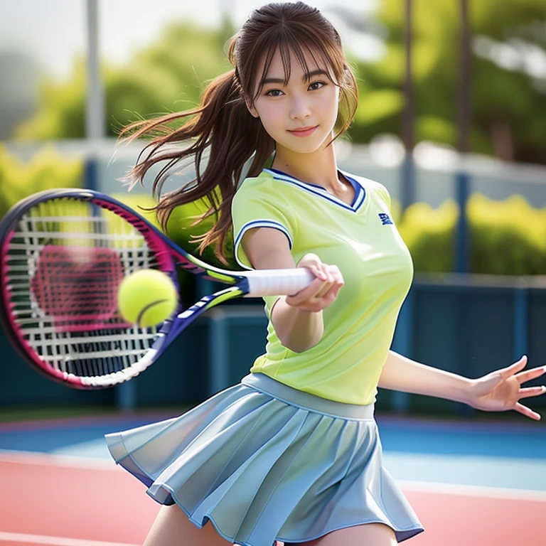 Photo-realistic quality、Wearing white tennis wear and swinging a tennis racket２０College girl years old, a girl Playing tennis, Tennis Wear, Playing tennis, Realistic rackets, Detailed and beautiful eyes、Playing tennisアイドル、Grey skort、The moment the yellow ball is hit、A soft smile