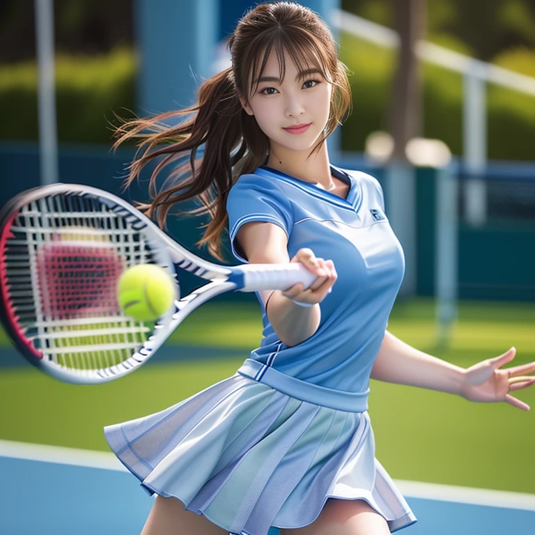 Photo-realistic quality、Wearing white tennis wear and swinging a tennis racket２０College girl years old, a girl Playing tennis, Tennis Wear, Playing tennis, Realistic rackets, Detailed and beautiful eyes、Playing tennisアイドル、Grey skort、The moment the yellow ball is hit、A soft smile