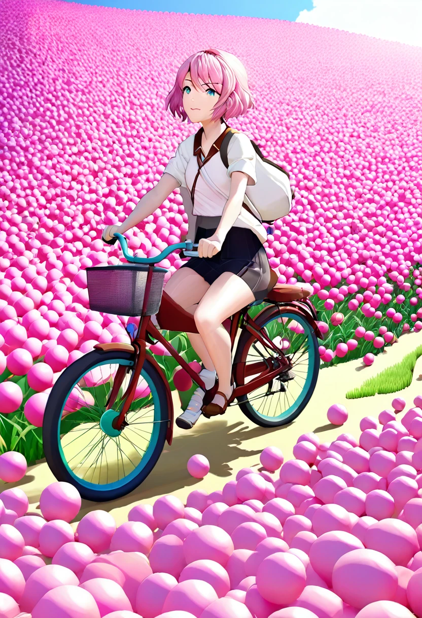 ピンク色のボールが敷き詰められたフィールドを自転車で走る女性, ローポリレンダリング, inspired by Nagasawa Rosetsu, pixivで話題, リアリズム, ピンクのショートヘアのかわいい女の子, 美しいアバター写真, ピンクの滝, 超リアルCG
