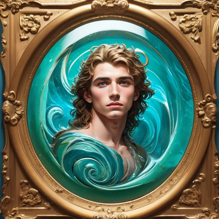 bronze turquoise mix, bas - relief carved in fluorescent aquamarine and green marble mix, beautiful portrait of celtic young man, oil painting knife palette sculpture, square metallic rag background, straight head, van gogh, swirls spiral at the background, gold circle