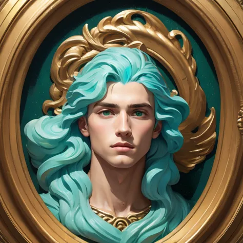 bronze turquoise mix, bas - relief carved in fluorescent aquamarine and green marble mix, beautiful portrait of celtic young man...